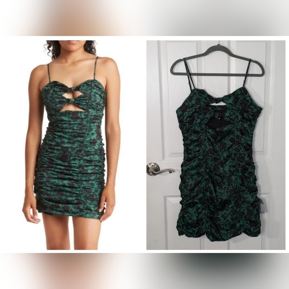 NWT Nordstrom NSR Cut Out Ruched Floral Print Green Mini Dress Size Large